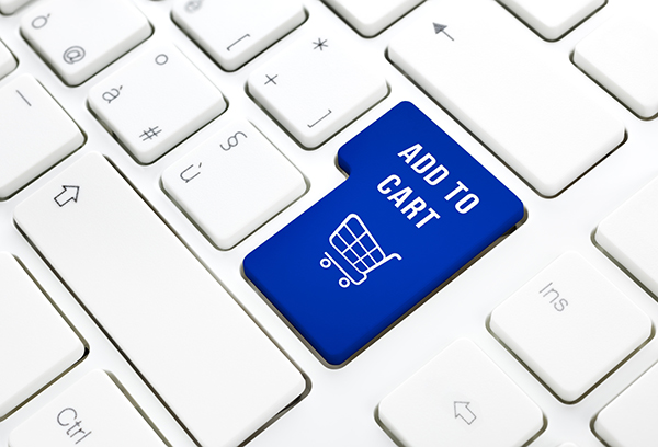 Shop add to cart business concept. Blue shopping cart button or