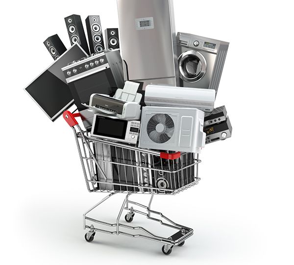 Home appliances in the shopping cart. E-commerce or online shopp